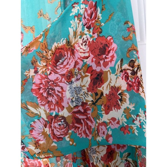 Turquoise Green Floral Open Front Sheer Kimono With Fringe - Picture 3 of 3